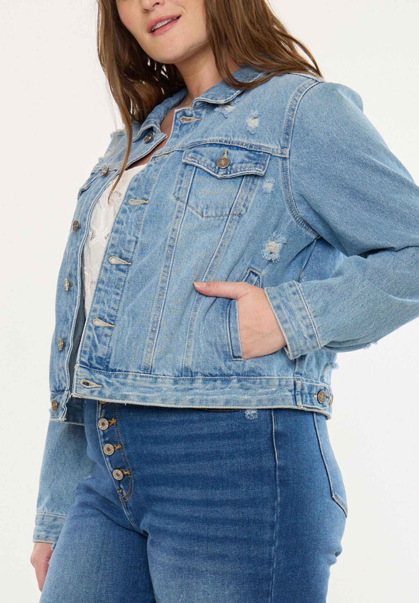 Aria Classic Trucker Denim Jacket (Plus Size), Medium Wash / Medium Wash, alternate image number 3