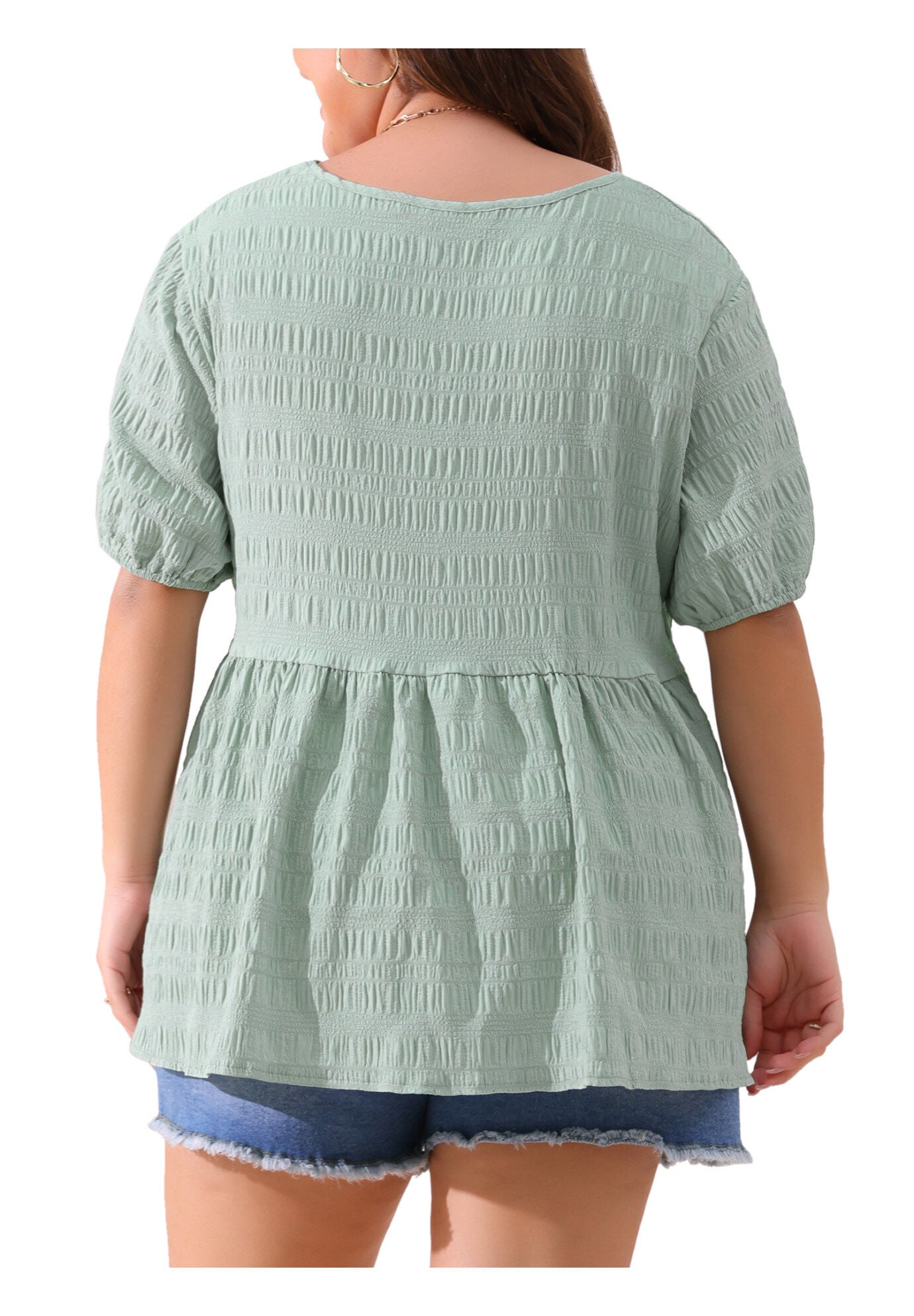 Babydoll Short Sleeve Loose Fit Flowy Blouse, Greyish Green / Mint, alternate image number 3