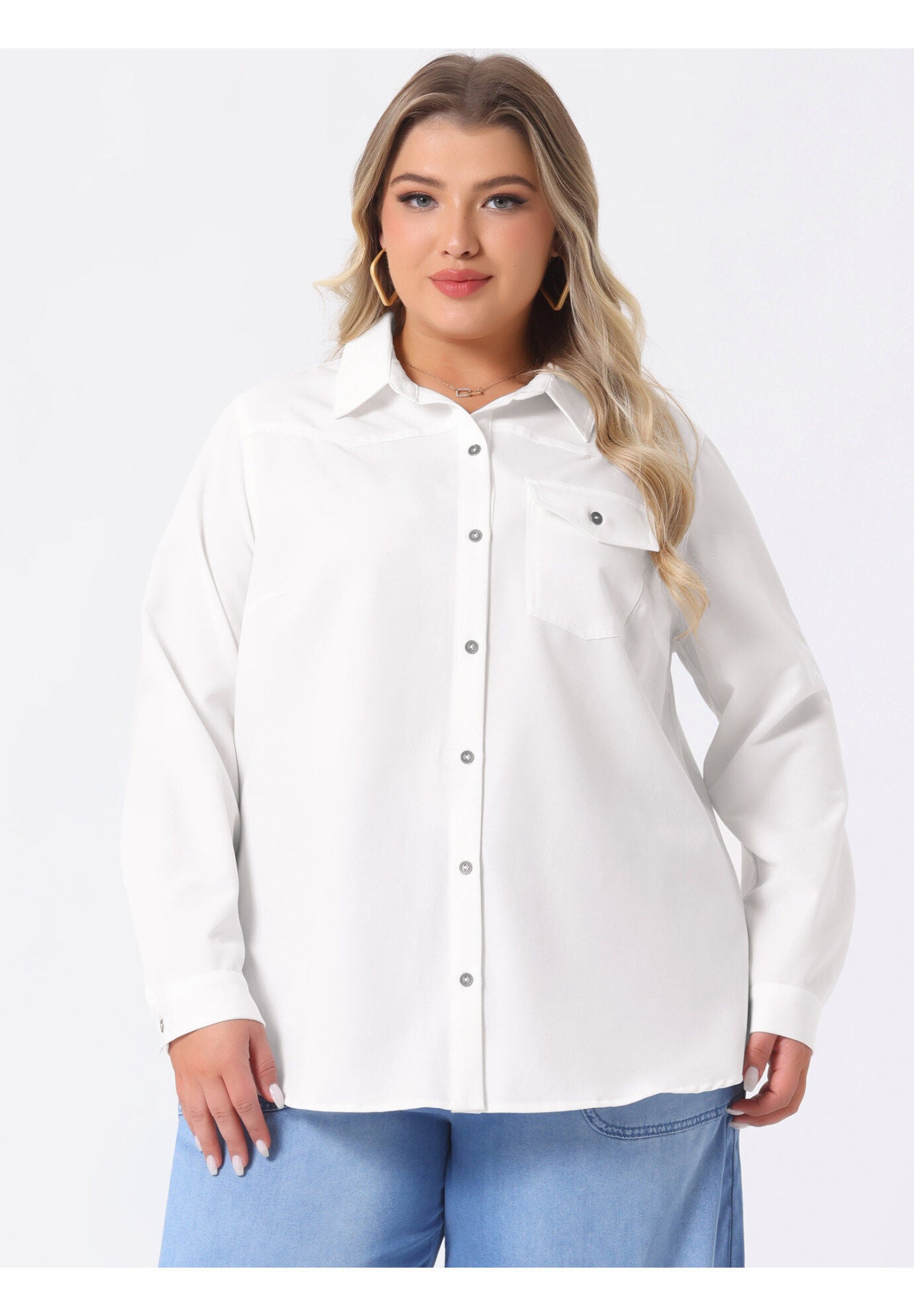 LONG SLEEVE CHEST POCKET DENIM CHAMBRAY SHIRT, White / White, alternate image number 1