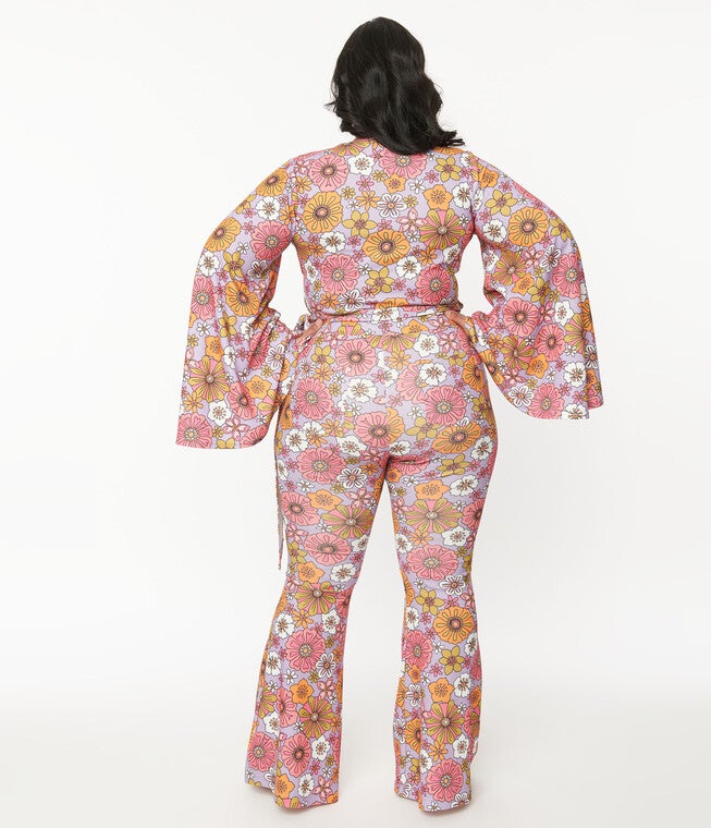 Smak Parlour Lavender Retro Bloom Zipper Pocket Flare Pants, Lavender Floral / Lilac, alternate image number 2