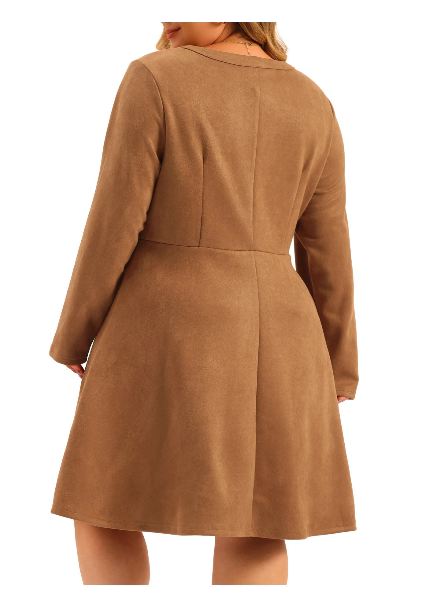 Faux Suede V Neck Long Sleeve A-Line Elegant Midi Dress, Brown / Brown, alternate image number 3