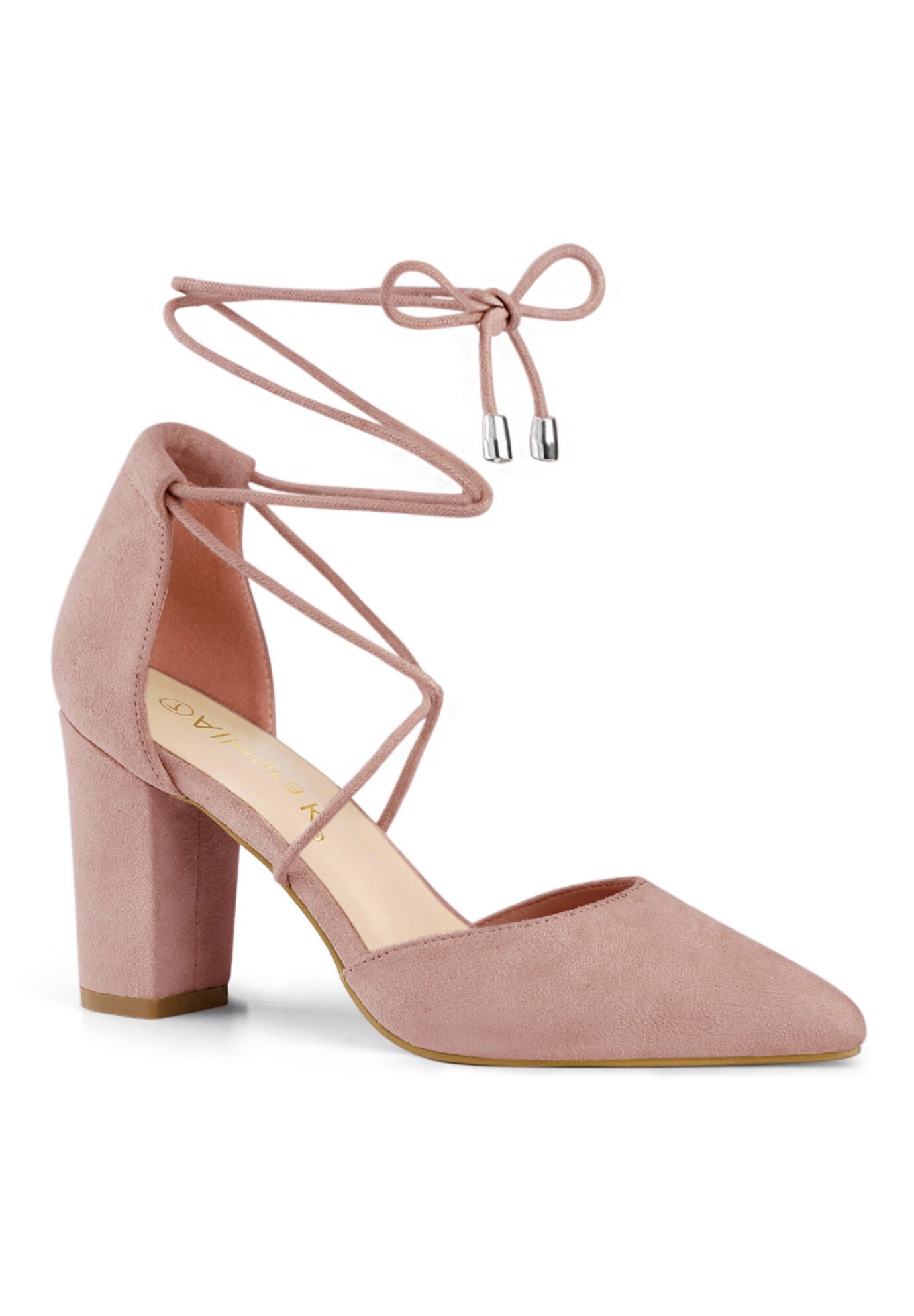 Pointed Toe Chunky Heels Lace Up Sandals Pumps, Dust Pink / Pink, hi-res image number 0