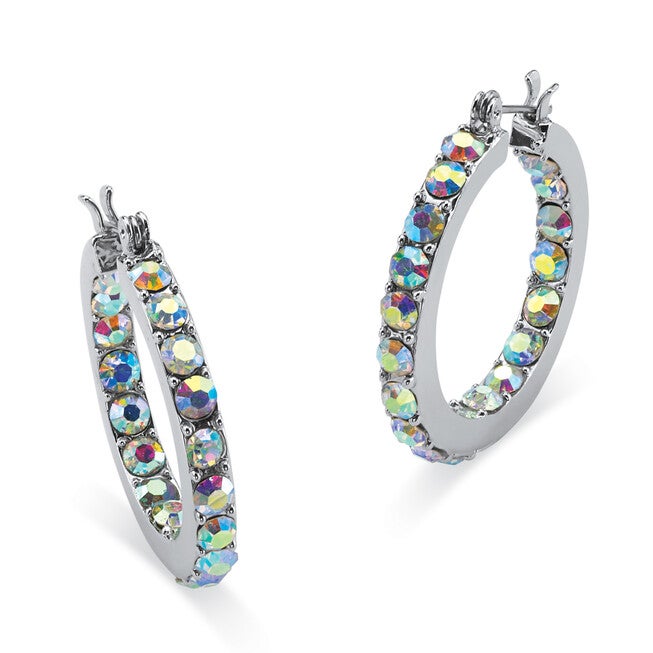Aurora Borealis Crystal Inside-Out Hoop Earrings in Silvertone, Multi / Light Blue, hi-res image number 0