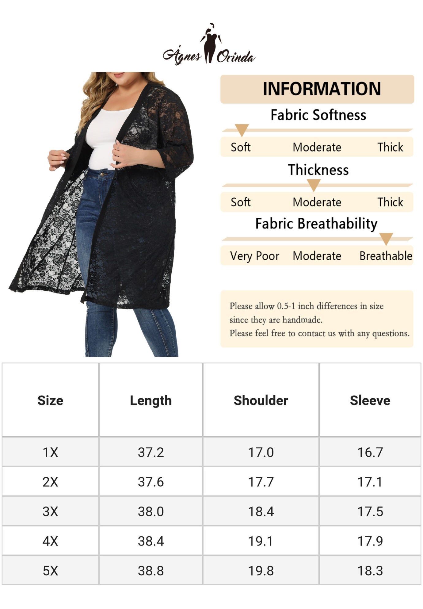 LACE CROCHET 3/4 SLEEVE COVER UP CARDIGAN, Dark Black / Black, alternate image number 4