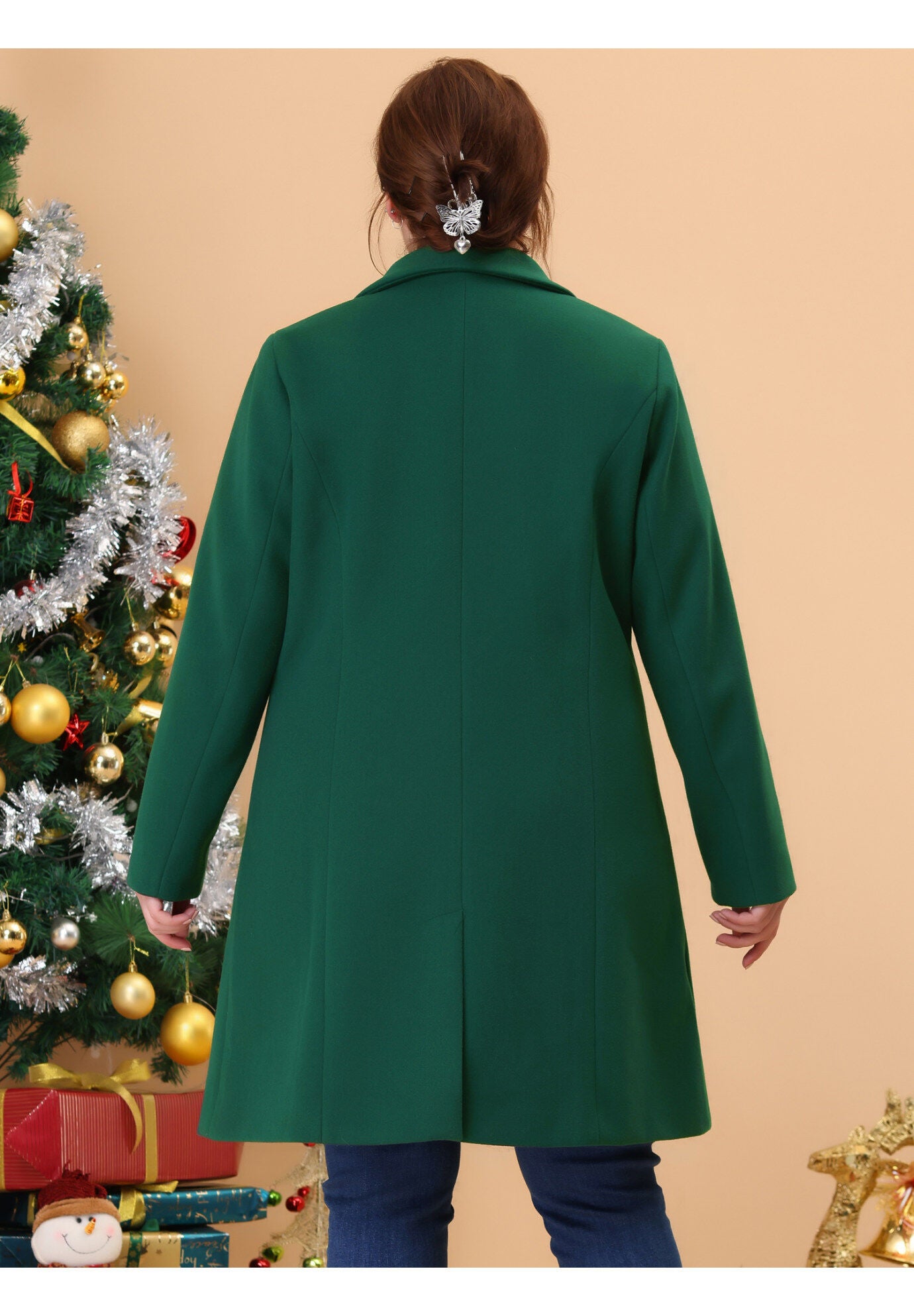 SINGLE BREASTED NOTCHED LAPEL LONG WINTER COAT, Green / Forest Green, alternate image number 3