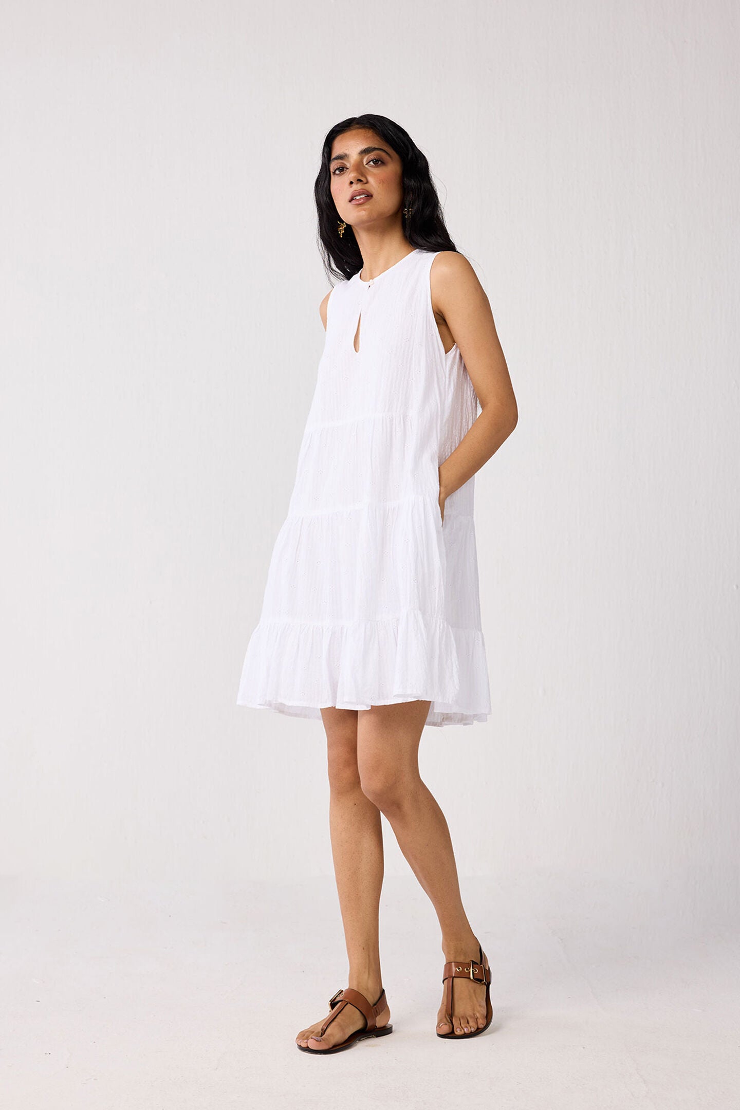 Embroidered Everyday Sleeveless Short Tiered Dress in White, Textured Eyelet in White / White, alternate image number 2