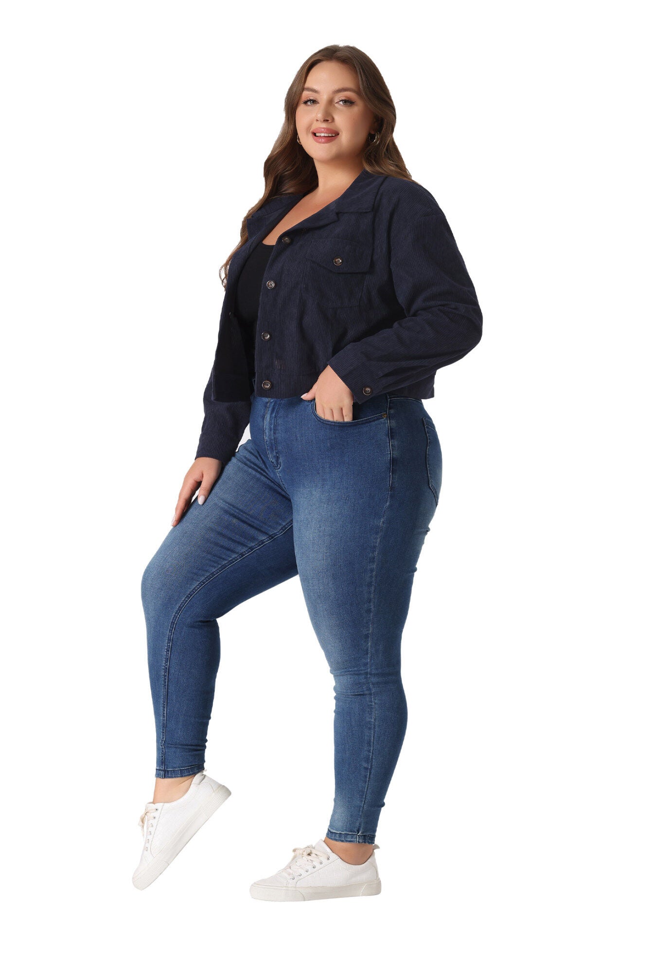 CORDUROY CROPPED BUTTON DOWN LONG SLEEVE SHIRT SHACKET JACKET, Navy Blue / Navy, hi-res image number 0