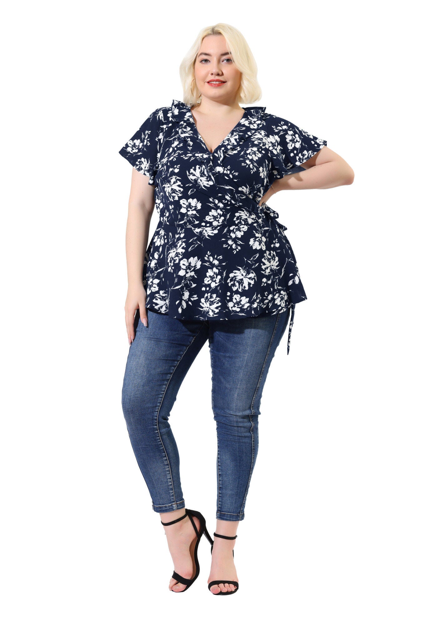 Wrap V Neck Tie Waist Ruffle Sleeve Blouse Summer Floral Top, Navy Blue / Navy, hi-res image number 0
