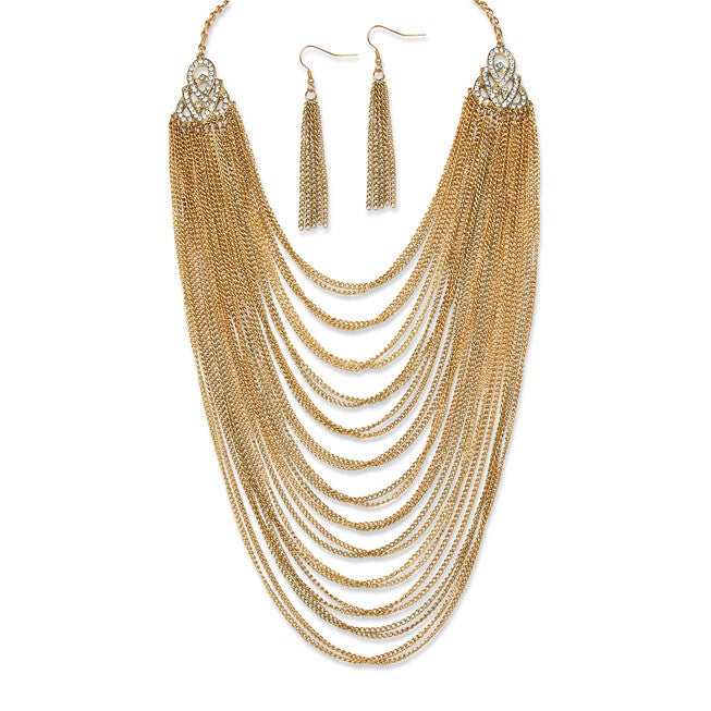 Crystal Accent Goldtone 2-Piece Waterfall Necklace and Earring Set 22 inches-25 inches, White / White, hi-res image number 0