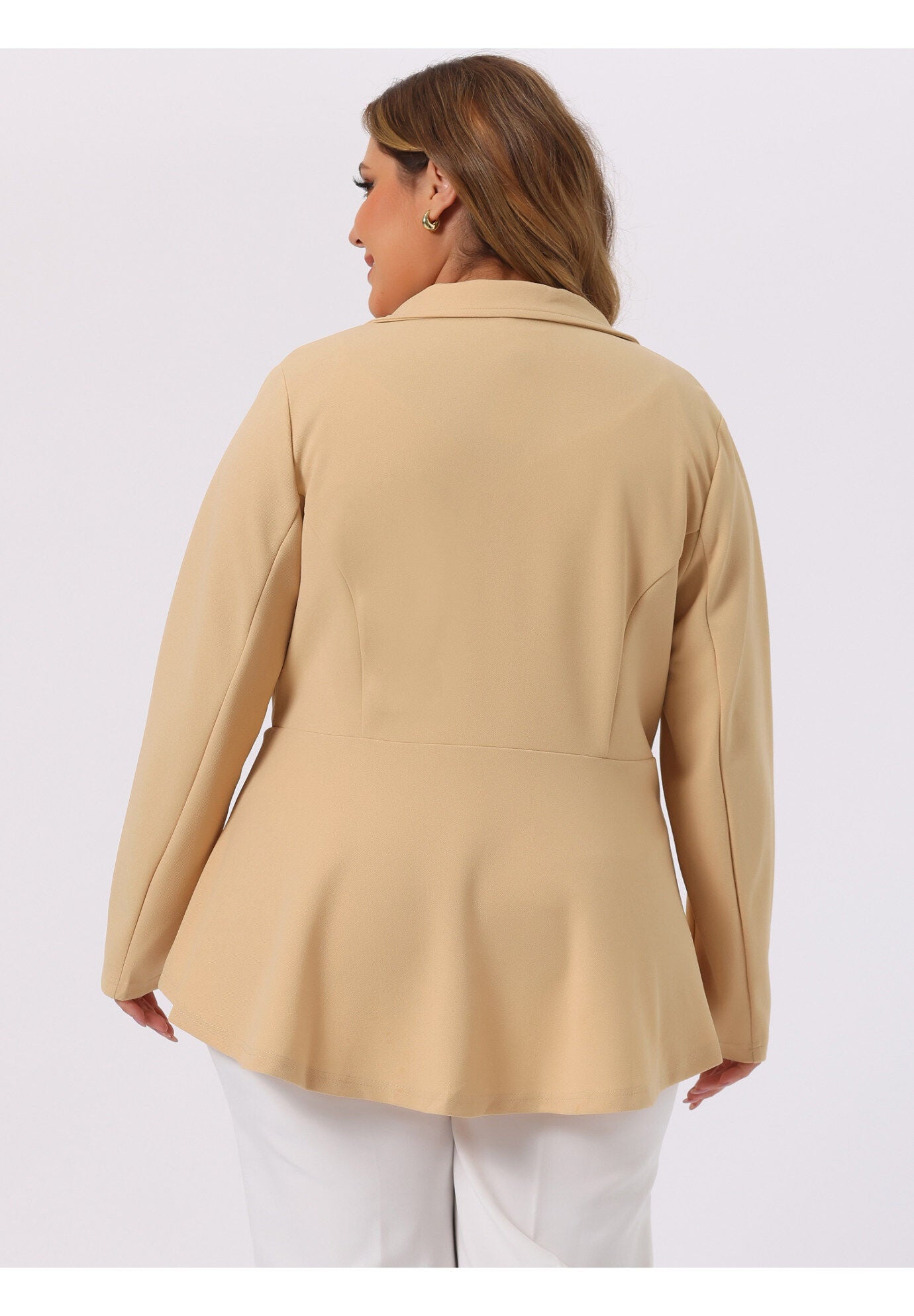 RUFFLE V NECK BUTTON NOTCH PANEL PEPLUM BLAZER, Apricot / Cream, alternate image number 3