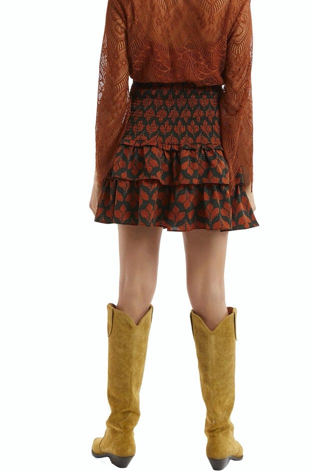 LEAF PRINT SMOCKED MINI SKIRT IN RUST AND GREEN, , alternate image number 5
