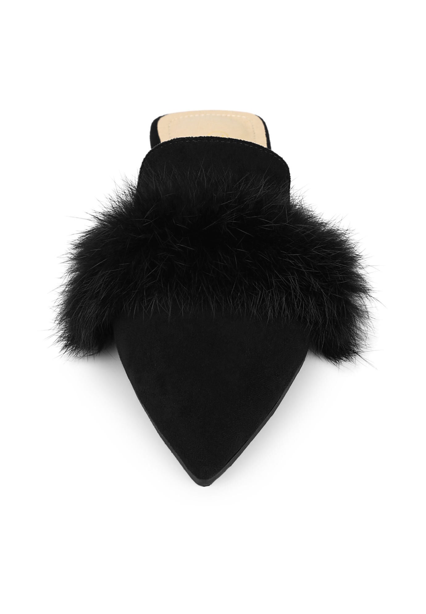 Pointed Toe Faux Fur Slip on Flat Slide Mules, Black / Black, alternate image number 1
