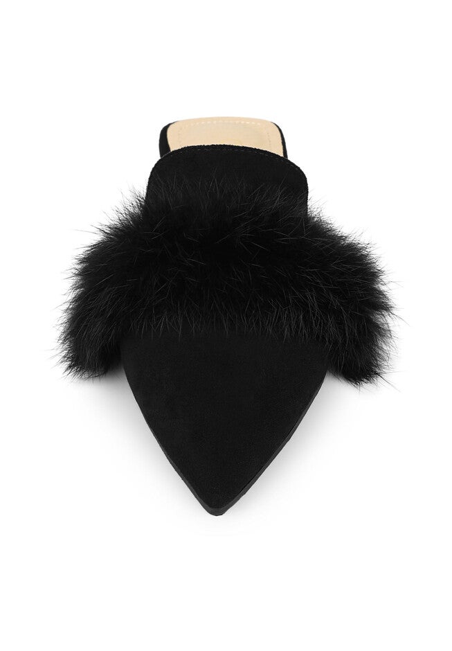 Pointed Toe Faux Fur Slip on Flat Slide Mules, Black / Black, alternate image number 1