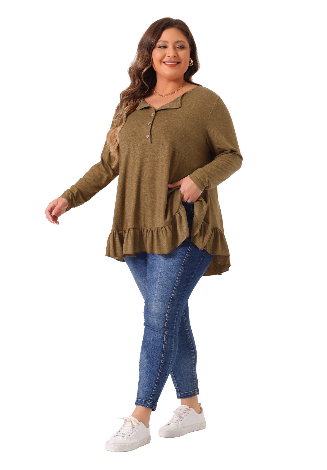 Henley V Neck Ruffled Hem Flowy Blouse Tunic, Brown / Brown, hi-res image number 0