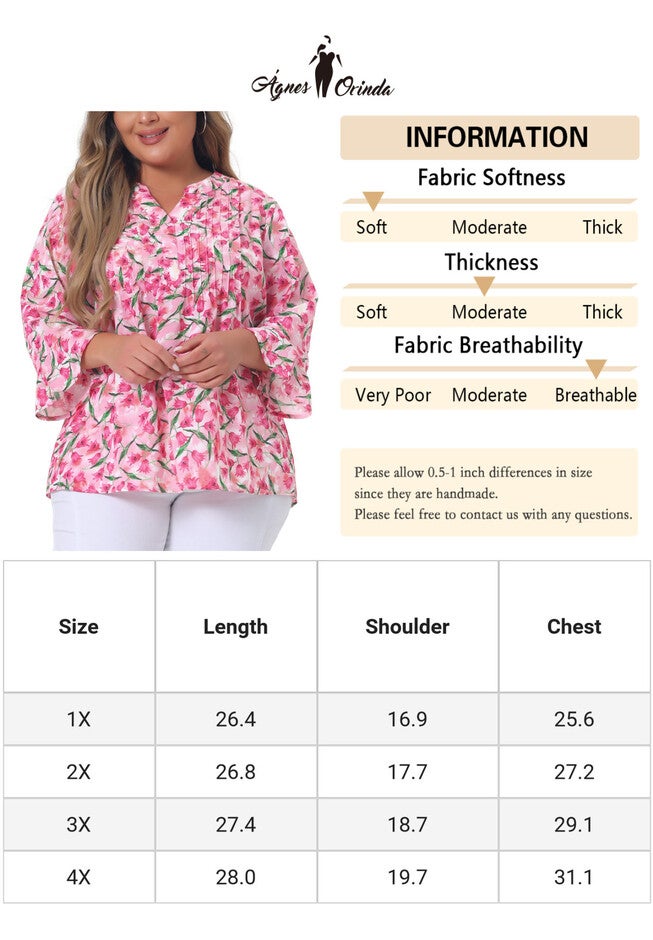 Pleated Long Sleeves V Neck Floral Blouse Top, Dark Pink / Deep Fuchsia, alternate image number 4