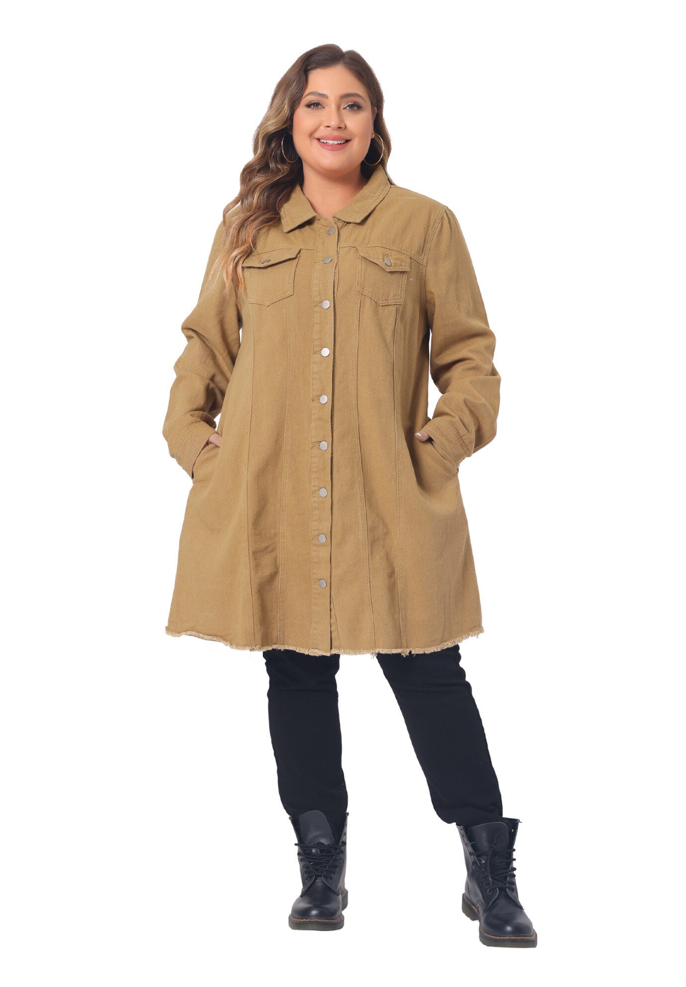 DISTRESSED BUTTON UP POCKET LONG DENIM JACKET, Khaki / Tan, hi-res image number 0