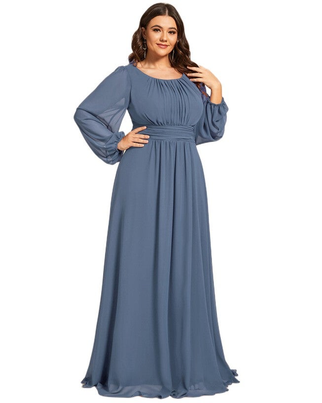 Chiffon High Empire Waist Puff Sleeve Mother Dress, Dusty Navy / Dusty Blue, alternate image number null