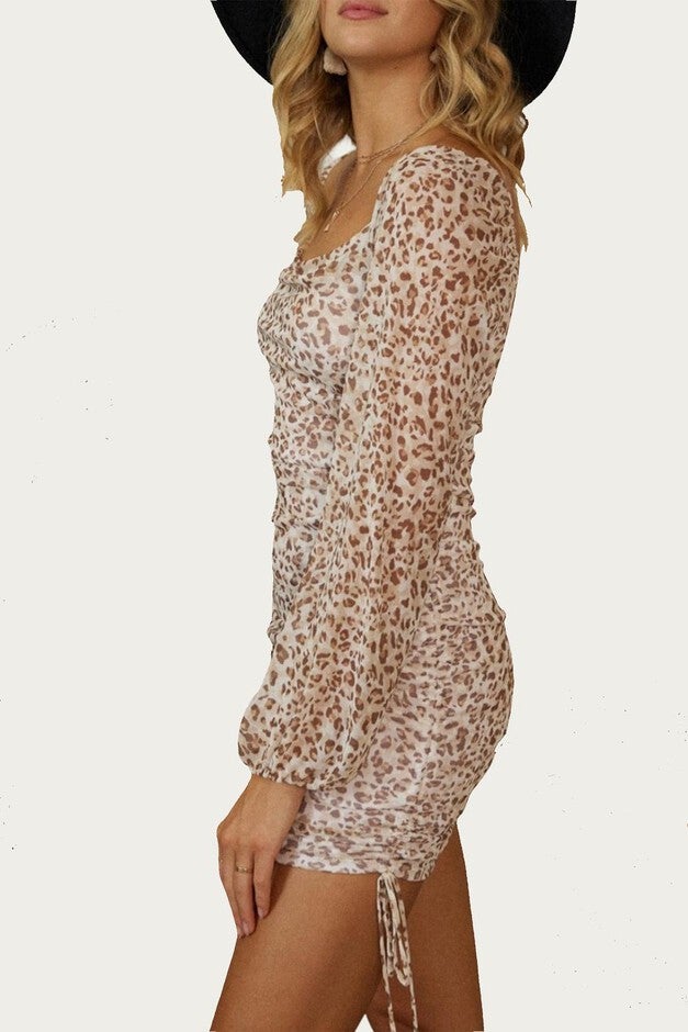 LEOPARD MESH MINI DRESS IN TAUPE/MOCHA, , alternate image number null