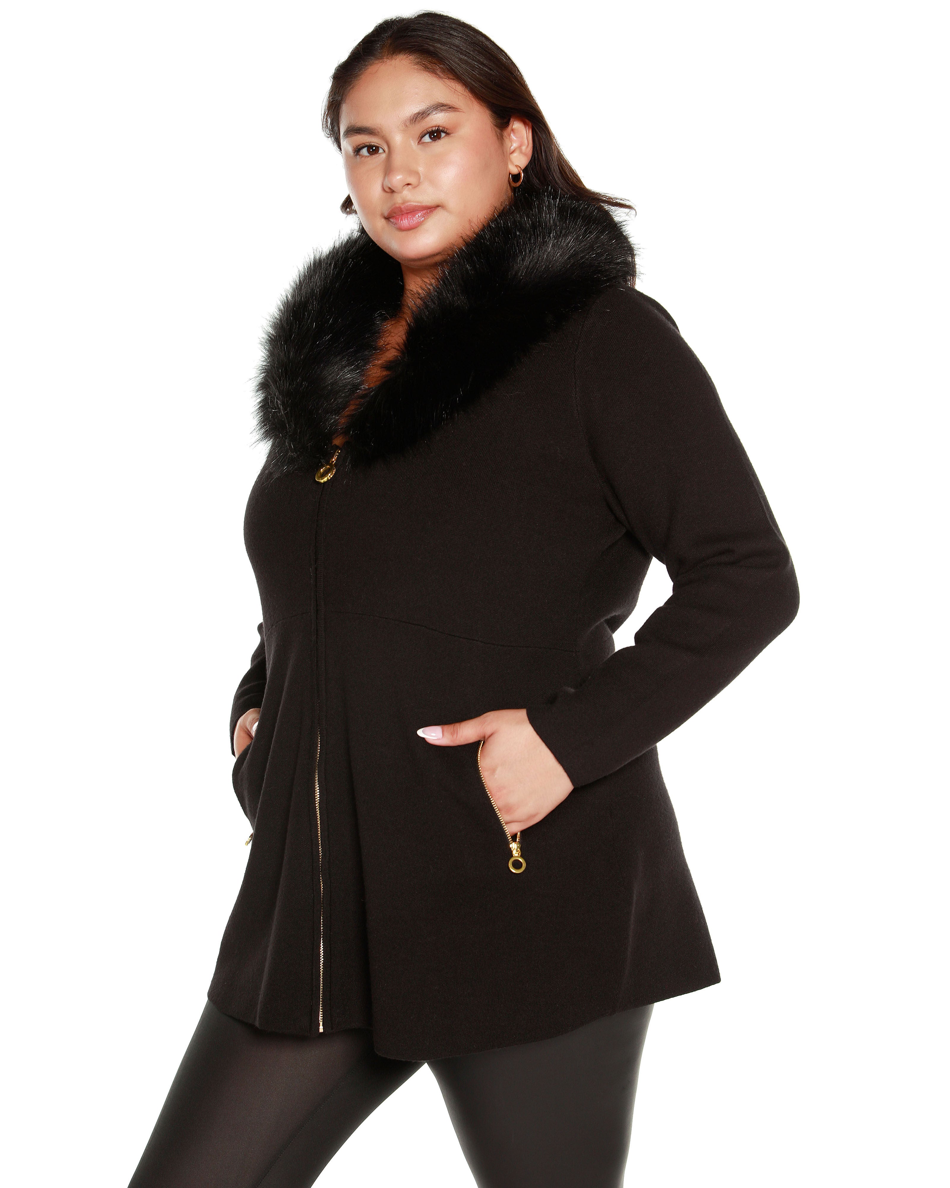 FAUX FUR COLLAR CARDIGAN, Black / Black, alternate image number 2