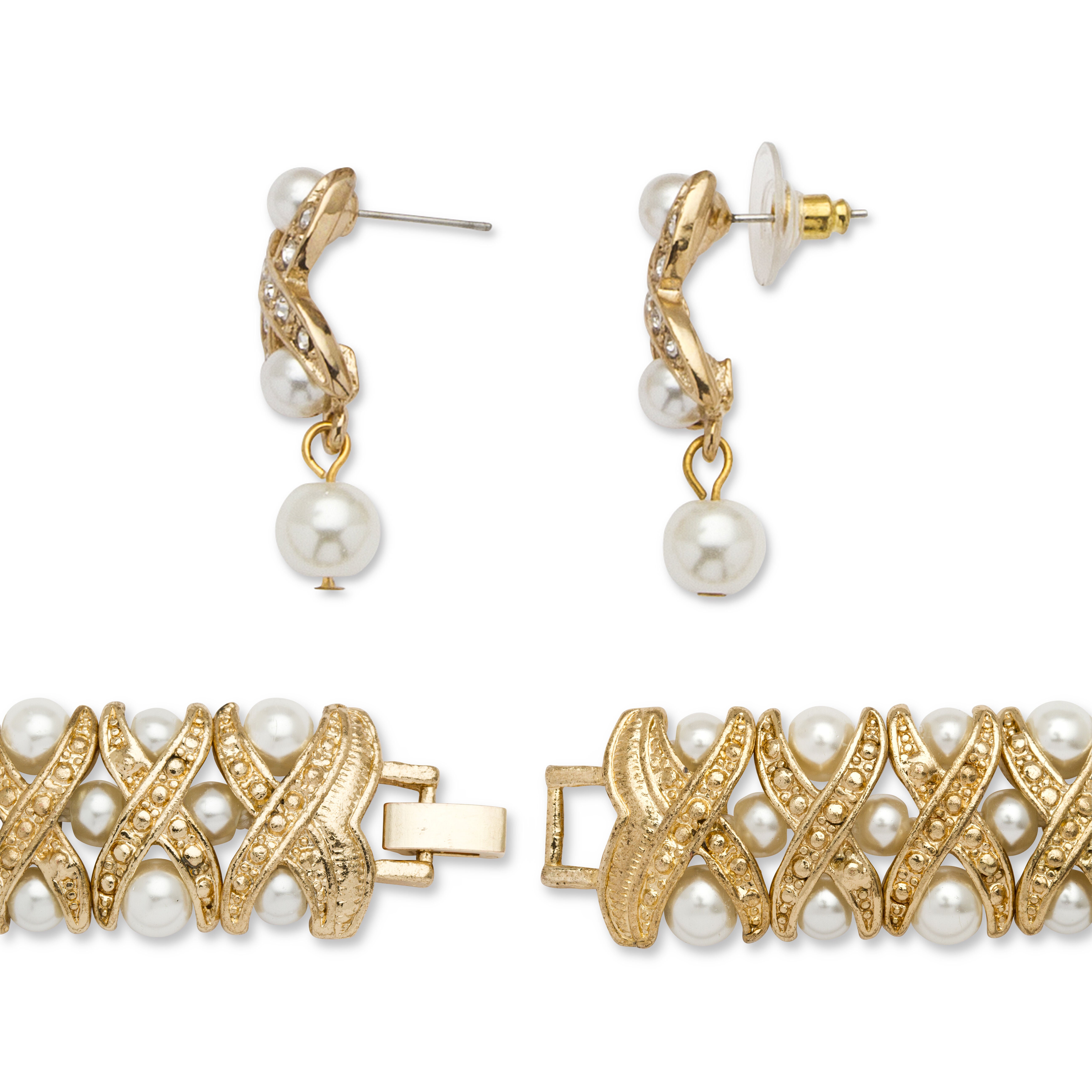 Simulated Pearl and Crystal Three-Piece Jewelry Set in Yellow Goldtone, White / White, alternate image number 1