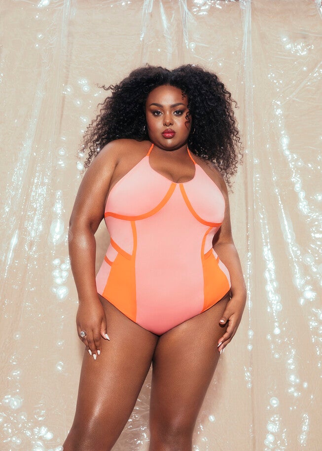 Colour Blocked Halter Swimsuit, Orange / Orange, hi-res image number 0