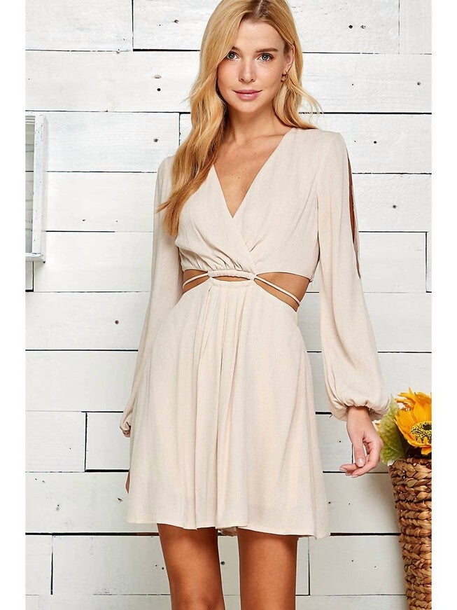 CUTOUT OPEN SLEEVE V-NECK DRESS IN NUDE | Dia & Co CUTOUT OPEN SLEEVE V-NECK DRESS IN NUDE | Dia & Co