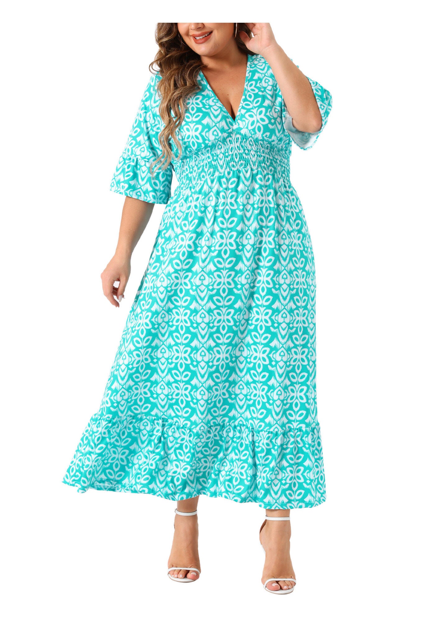 Bell Sleeve Ruffled Hem V Neck Short Sleeve Boho A Line Long Dress, Lake Green / Turquoise, alternate image number 2