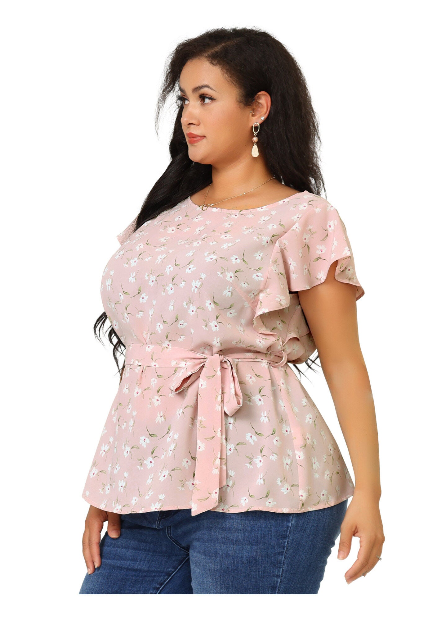 Summer Top Floral Tie Waist Short Sleeves Casual Blouse, Pink / Pink, alternate image number 3