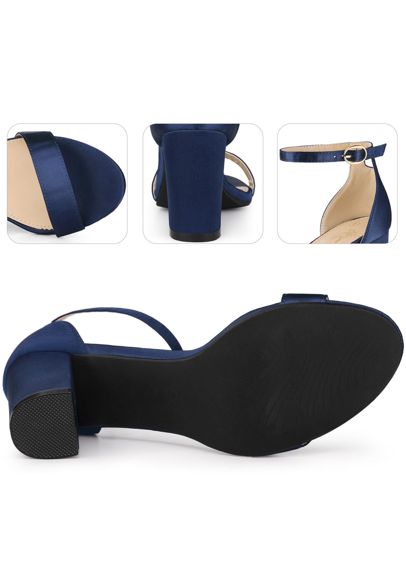 Open Toe High Heel Ankle Strap Satin Block Heels Sandals, Navy Blue / Royal Blue, alternate image number 3