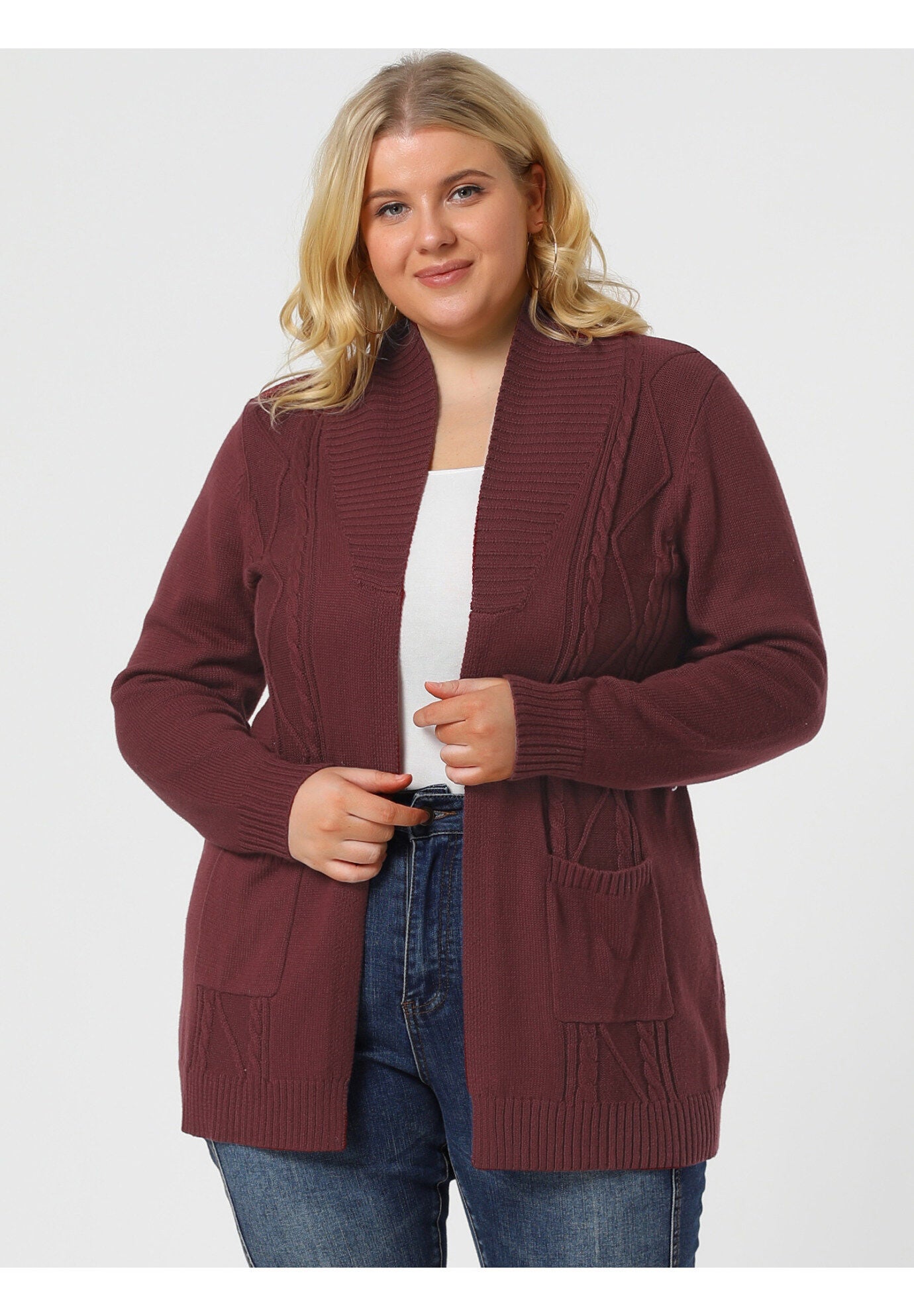 SHAWL COLLAR OPEN FRONT SWEATER CARDIGAN, Burgundy / Red, alternate image number 3