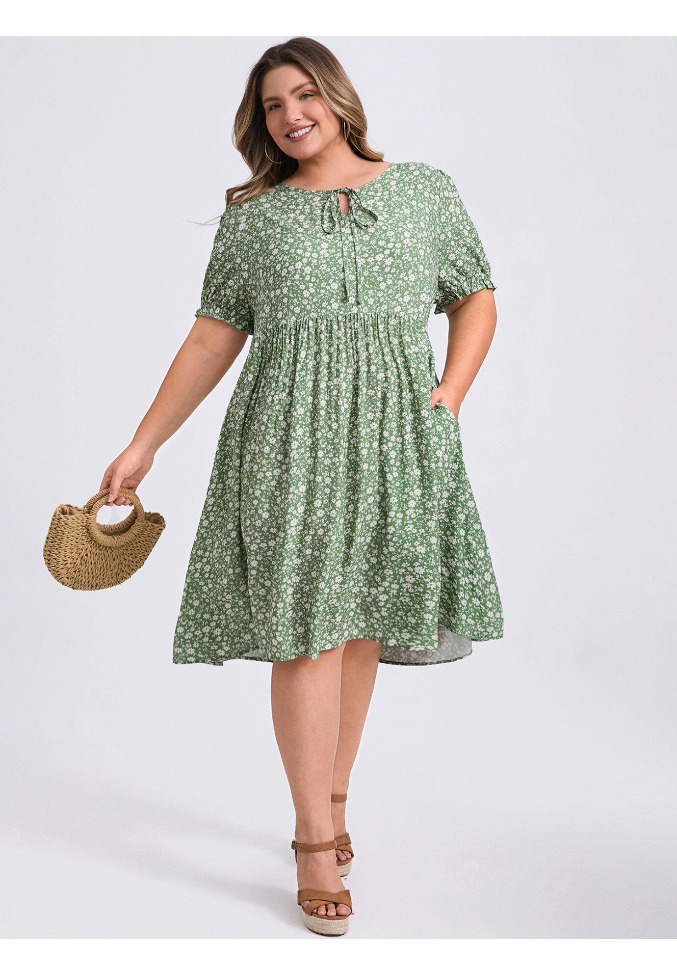 Floral Tie Neck Puff Sleeves Above Knee A-Line Dress with Pockets, Light Green / Light Green, alternate image number 1