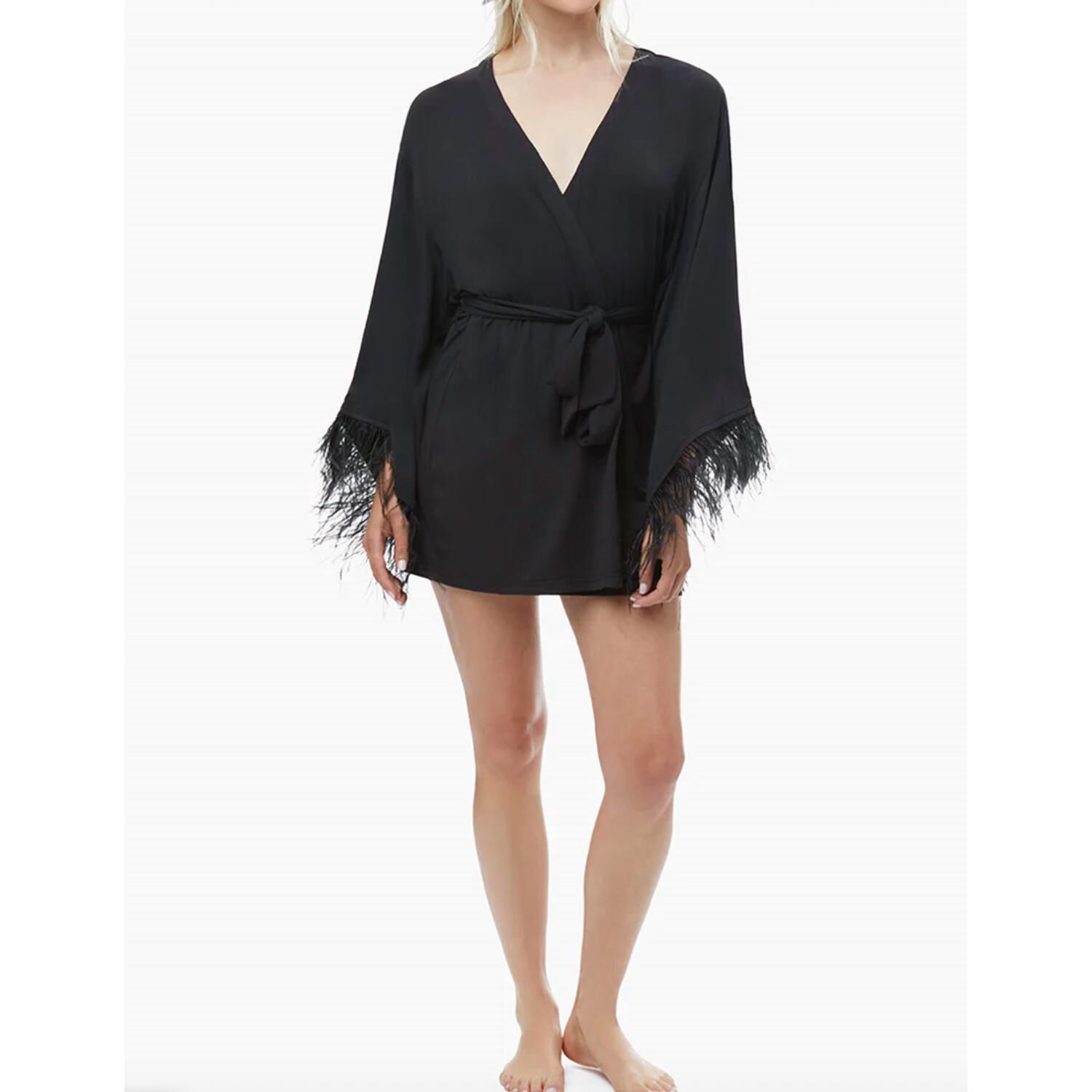 FEATHER ROBE IN BLACK, Black / Black, hi-res image number 0