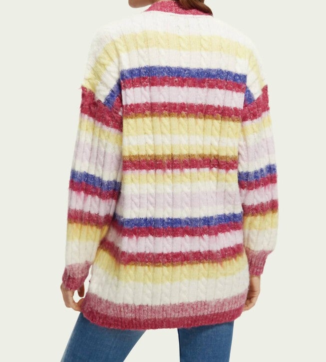 BRUSHED MIXED STRIPE MID LENGTH CARDIGAN IN CHERRY PIE, Cherry Pie / White, alternate image number null