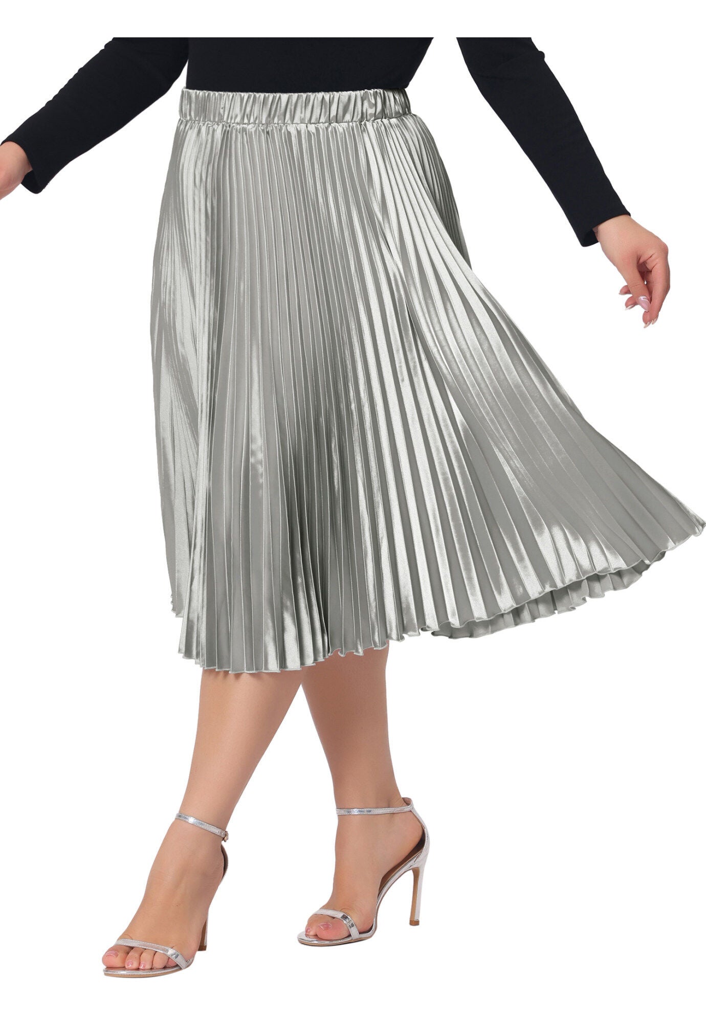 Elastic High Waist Metallic Shiny Accordion Pleated Midi Skirt, Silver / Silver, alternate image number 2