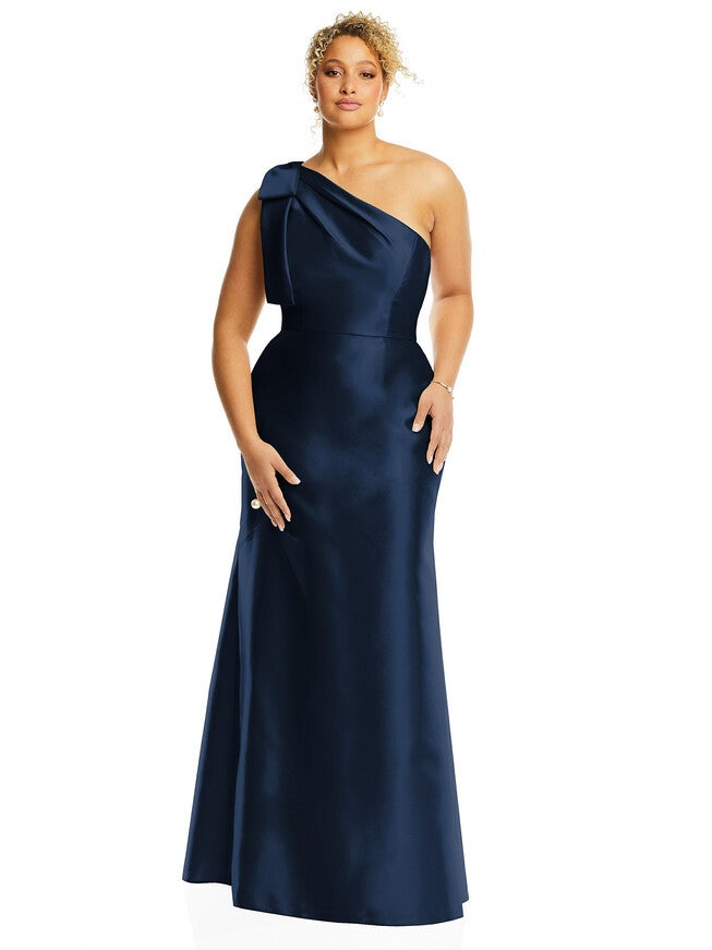 Bow One-Shoulder Satin Trumpet Gown, Midnight Navy / Navy, hi-res image number 0