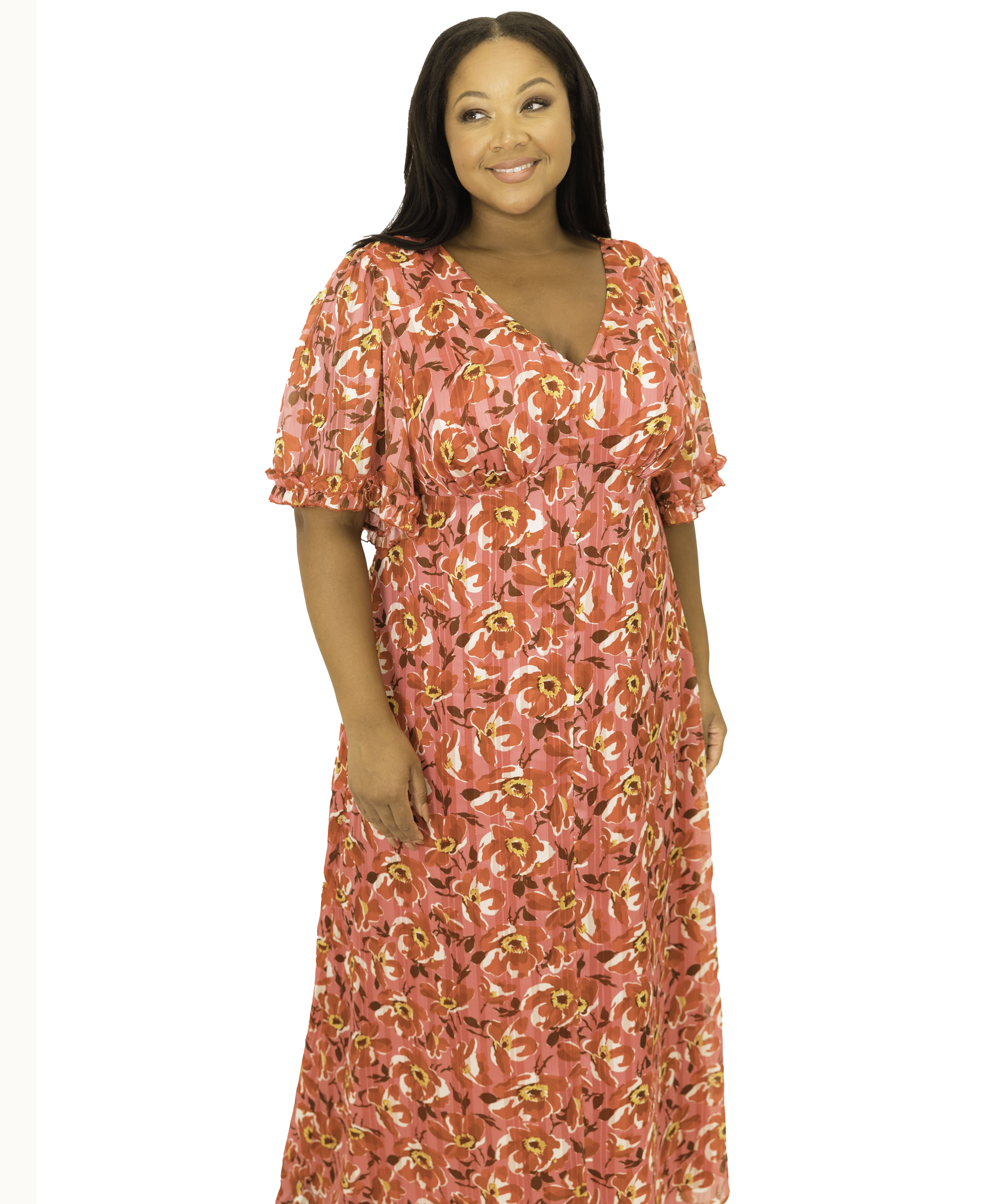 Ruffle Sleeve Floral Lurex Maxi Dress, Pink / Pink, alternate image number 2
