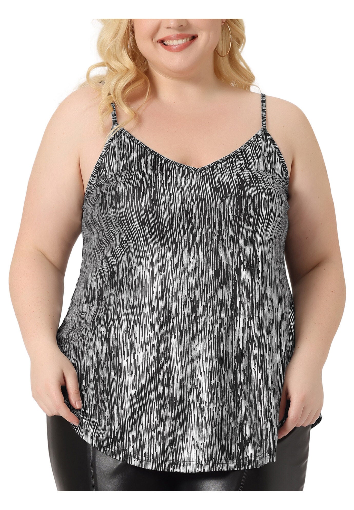 V NECK GLITTER CAMI SLEEVELESS SEQUIN TANK TOP, Black Silver / Silver, alternate image number 2