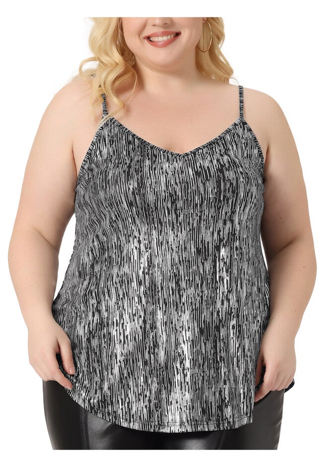 V NECK GLITTER CAMI SLEEVELESS SEQUIN TANK TOP, Black Silver / Silver, alternate image number 2