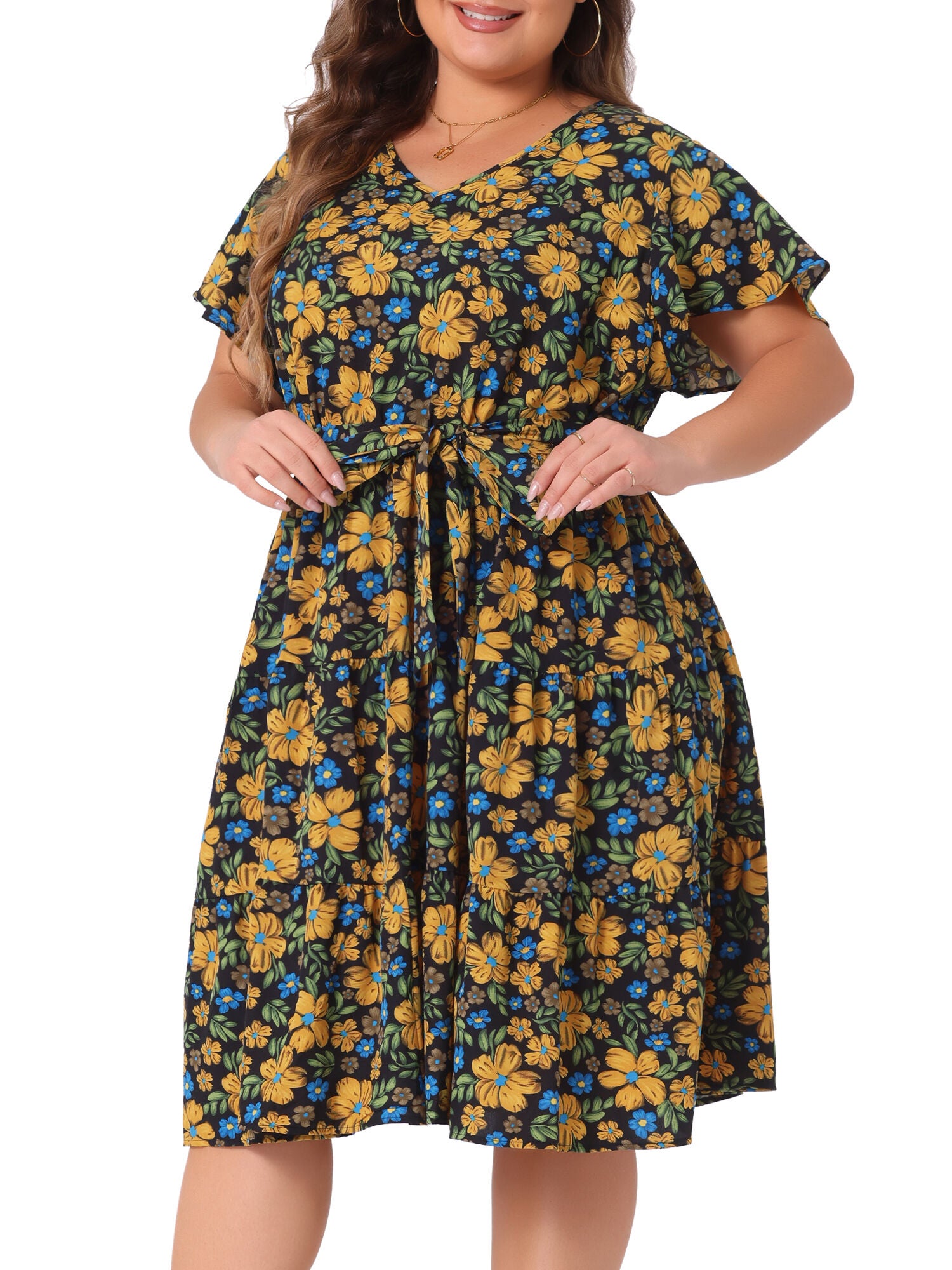 Floral Printed V Neck Summer Midi Flared Dress, Black / Black, alternate image number 1