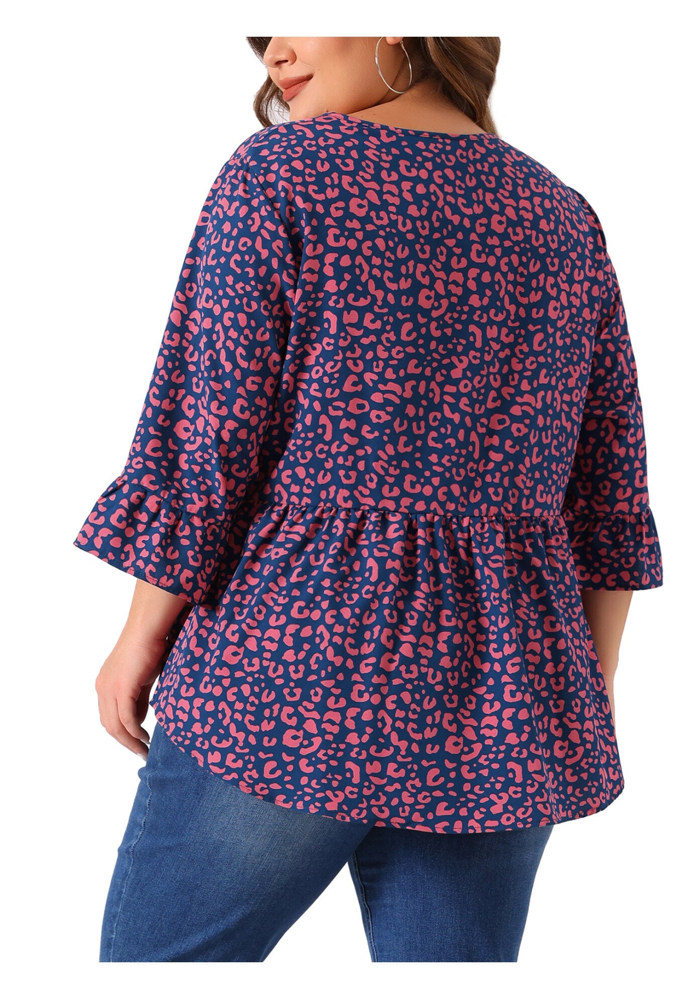 Polka Dots Blouse 3/4 Ruffle Sleeve Peplum Top, Dark Blue / Navy, alternate image number 4