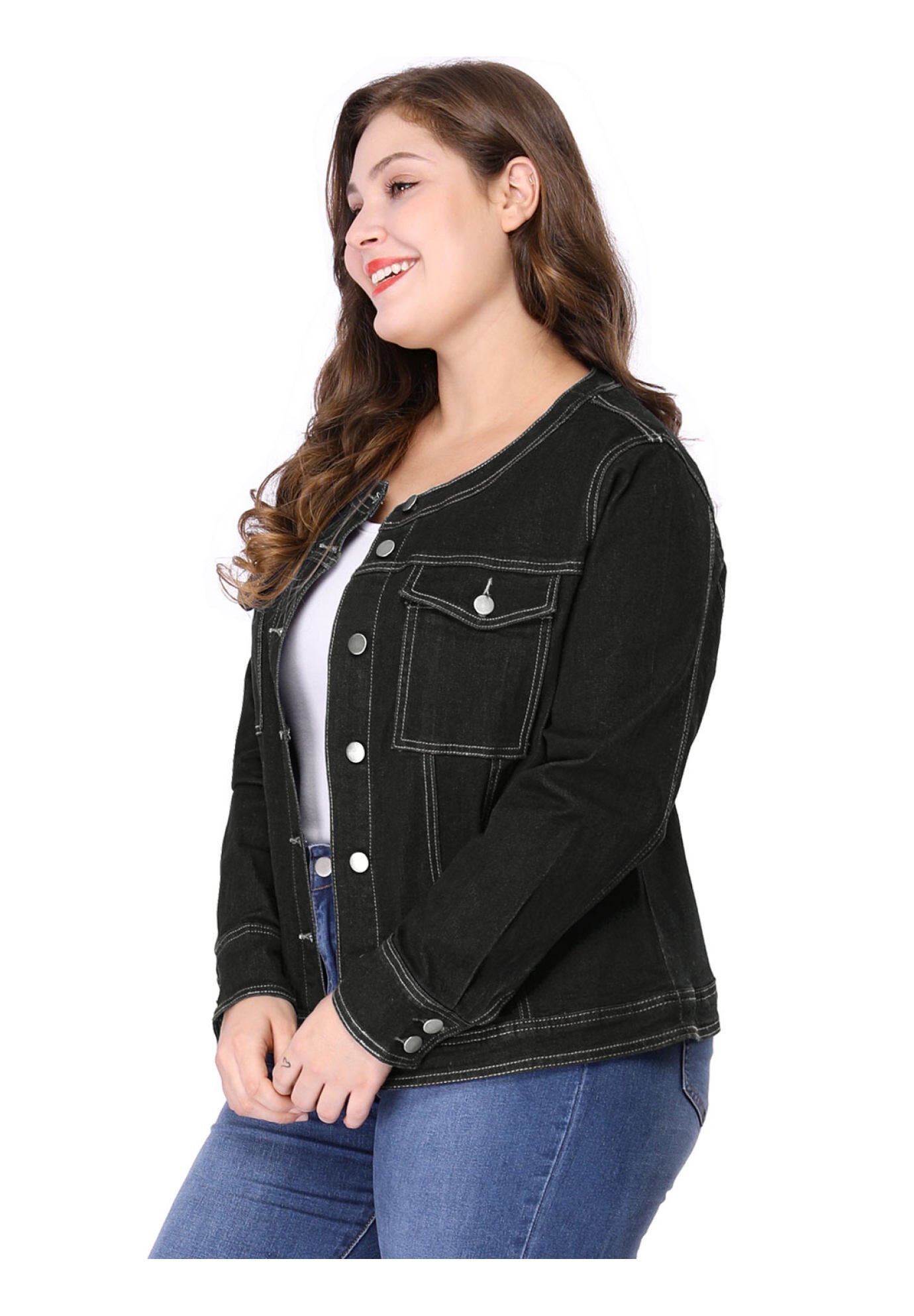 COLLARLESS DENIM JACKET, Black / Black, alternate image number 2