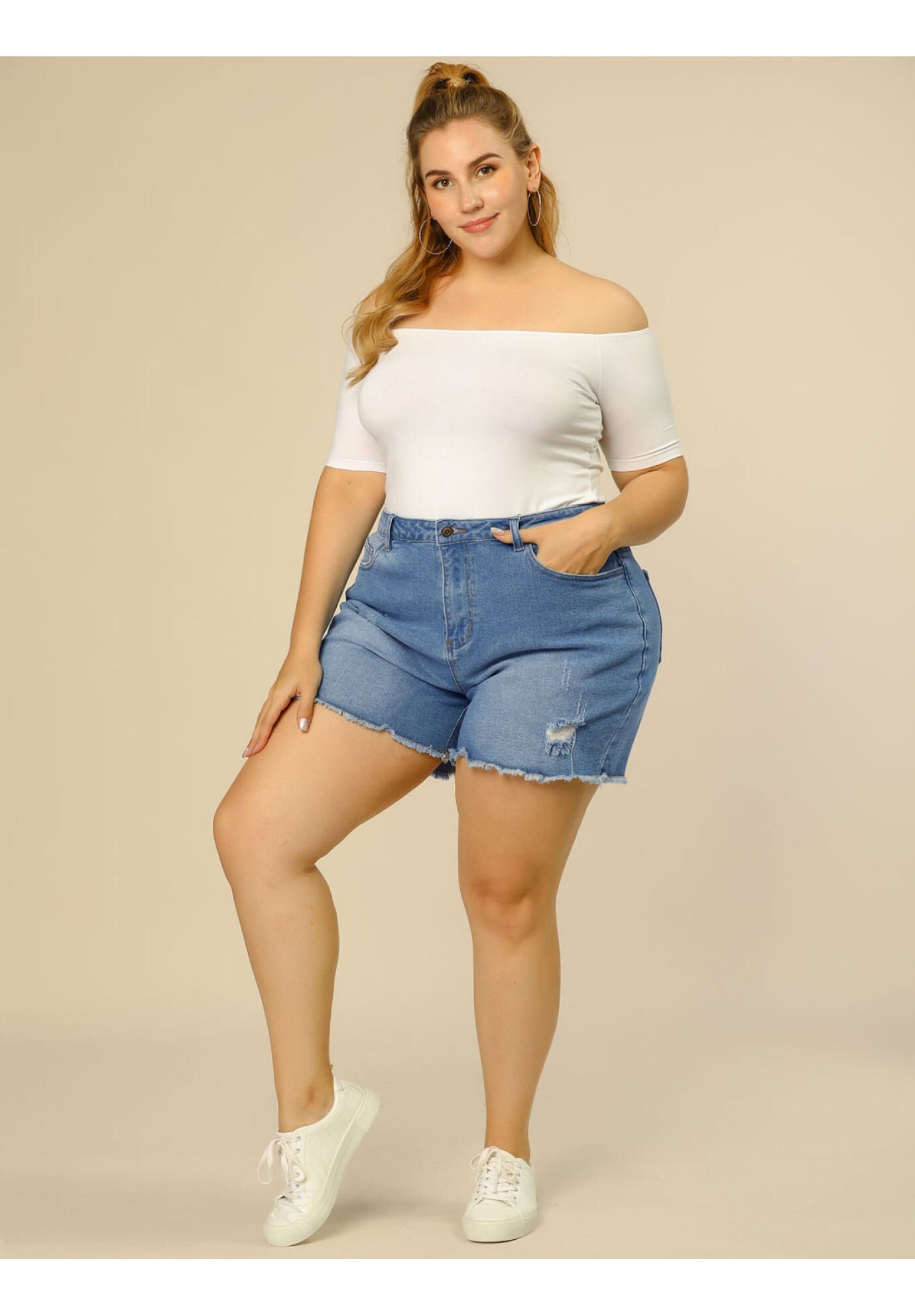 HIGH WAISTED RIPPED STRETCHY DENIM JEAN SHORTS, Light Blue / Light Blue, alternate image number 1