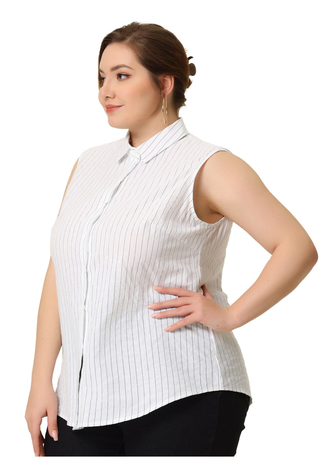 SLEEVELESS TOP SUMMER CASUAL BUTTON DOWN TANK SHIRT, White / White, alternate image number 2