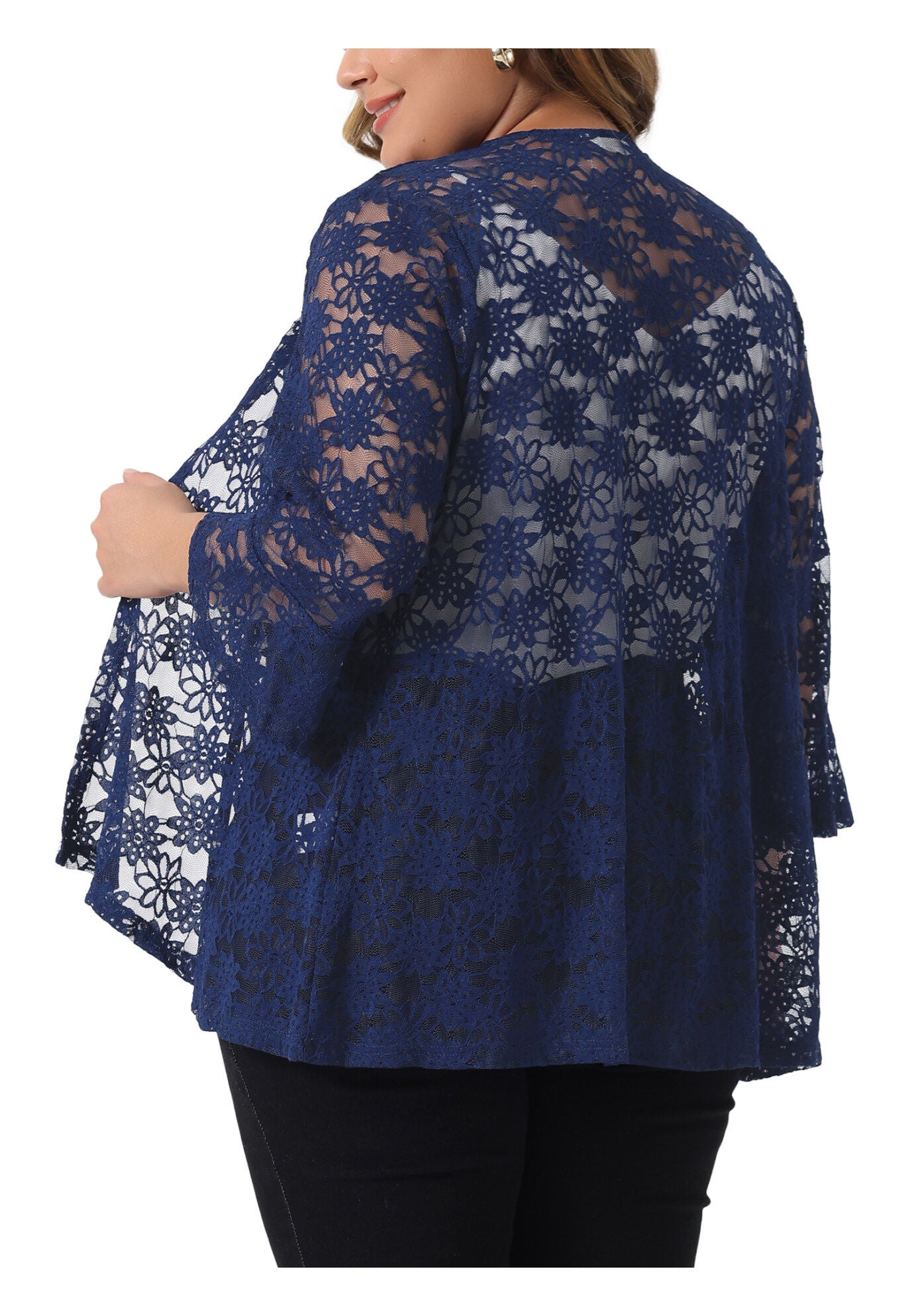 OPEN FRONT 3/4 BELL SLEEVE SHEER LIGHTWEIGHT LACE COVER UP CARDIGAN, Blue / Navy, alternate image number 3