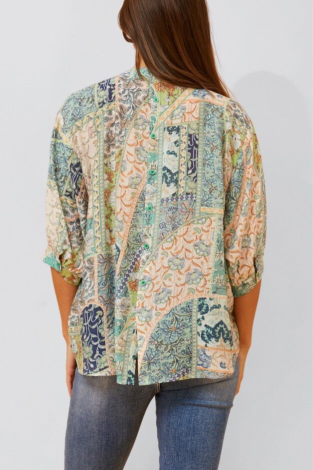 Annick - Daphne Top Floral Print Button Down Front, Green / Light Green, alternate image number null
