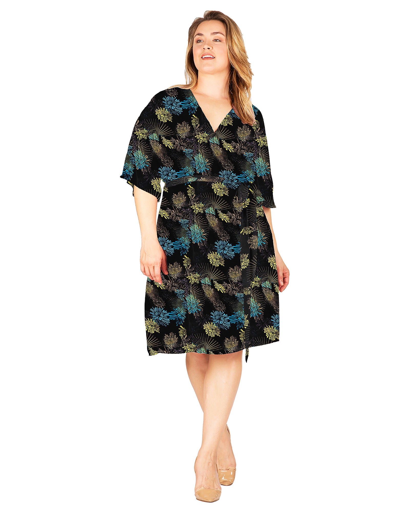 Plus Size Candice V-Neck Kimono Wrap Midi Dress, Smoke Gray No image / Black, hi-res image number 0