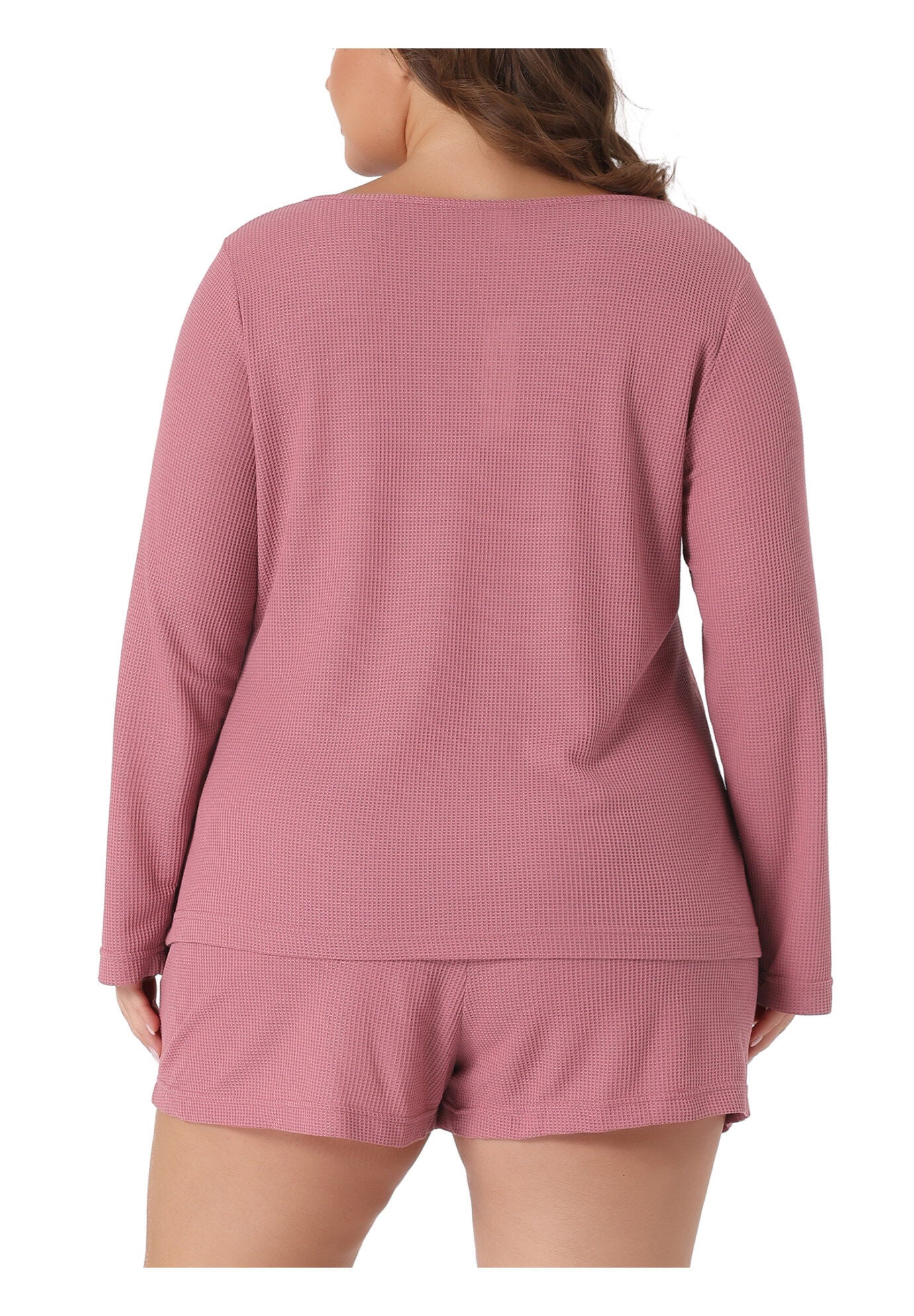 Waffle 2 Piece Long Sleeved Top and Shorts Pajama Sweatsuits Set, Dark Pink / Deep Fuchsia, alternate image number 3