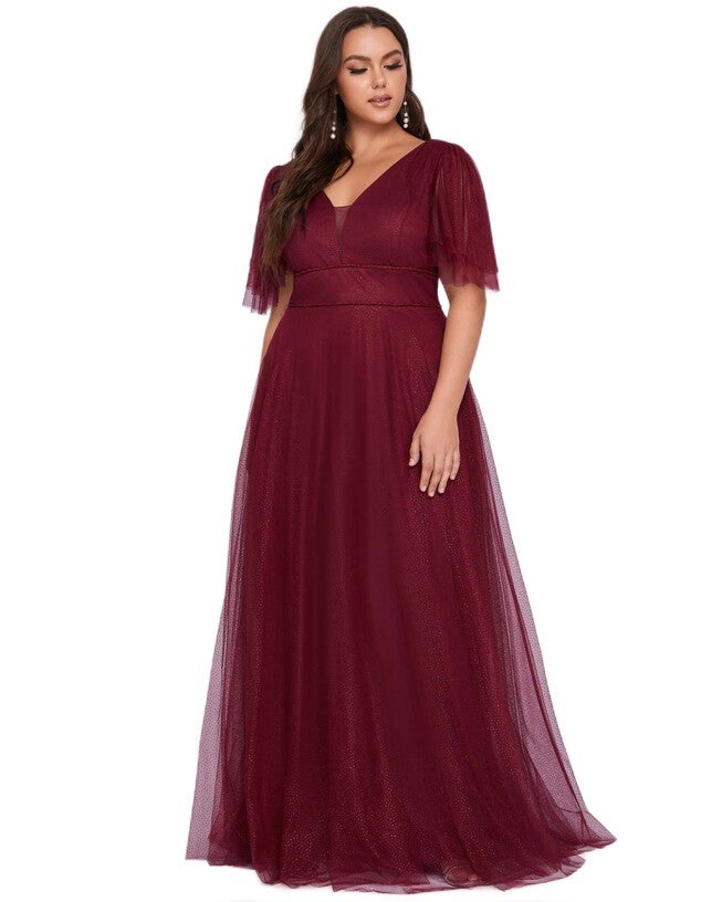 V Neck Tulle Formal Evening Dress with Ruffle Sleeves, Burgundy / Burgundy, alternate image number 3