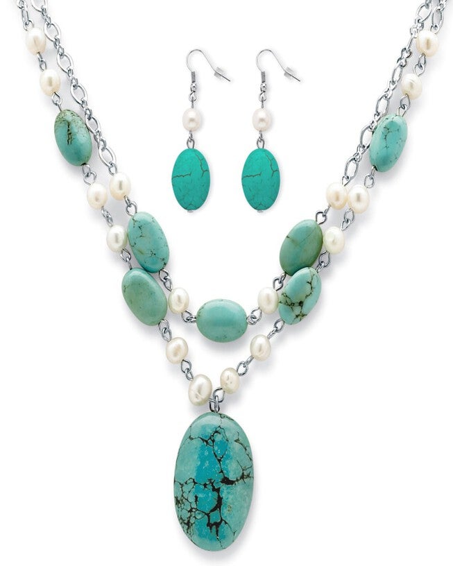 Genuine Turquoise and Freshwater Pearl Silvertone Necklace and Earrings Set, White / White, hi-res image number 0