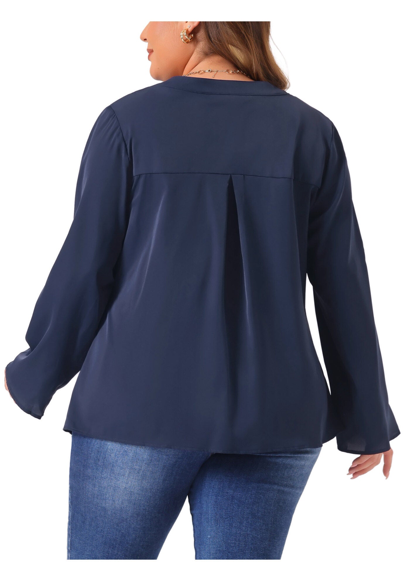 V Neck Rolled Up Sleeves Pleated Back Shirt Chiffon Top, Navy Blue / Navy, alternate image number 3